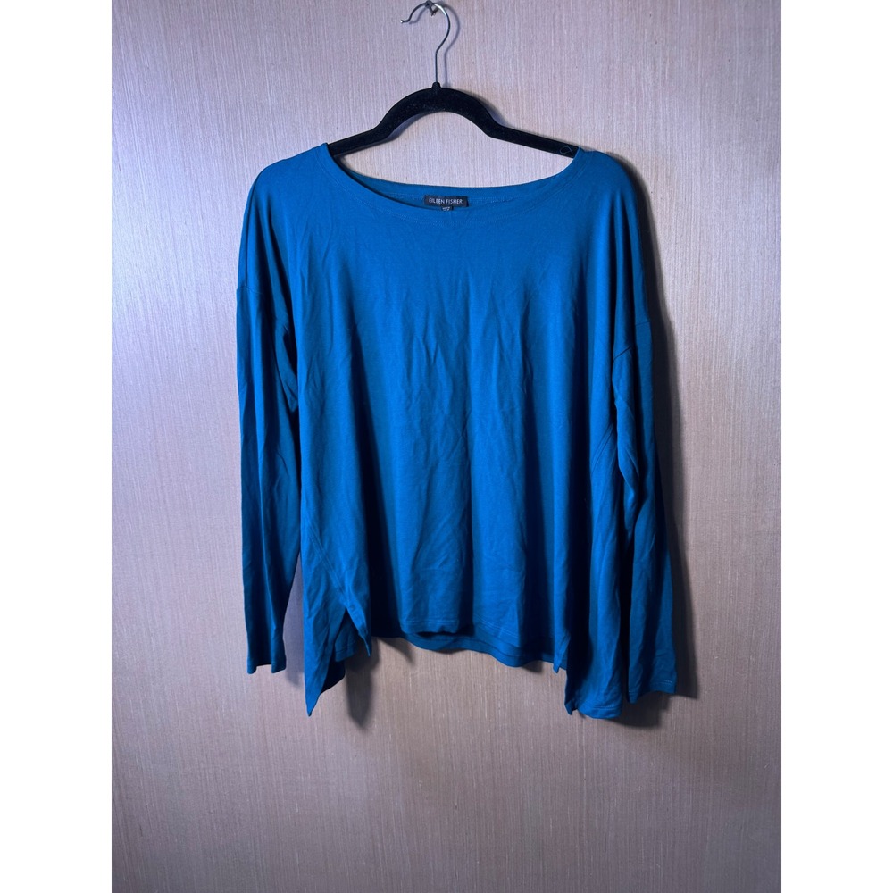 Eileen Fisher Womens Top M Teal Blue Long Sleeve Viscose Blend Casual Tee Shirt